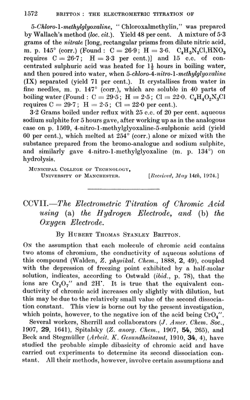 CCVII.—The electrometric titration of chromic acid using (a) the hydrogen electrode, and (b) the oxygen electrode