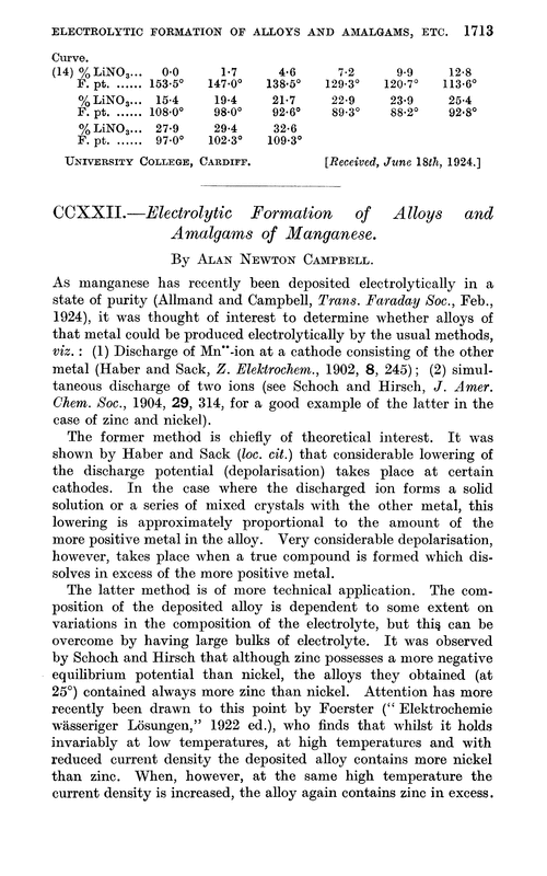 CCXXII.—Electrolytic formation of alloys and amalgams of manganese