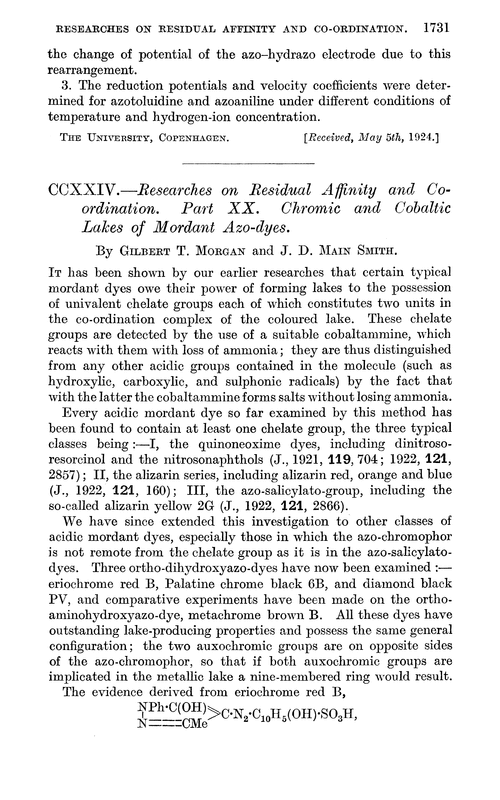 CCXXIV.—Researches on residual affinity and coordination. Part XX. Chromic and cobaltic lakes of mordant azo-dyes