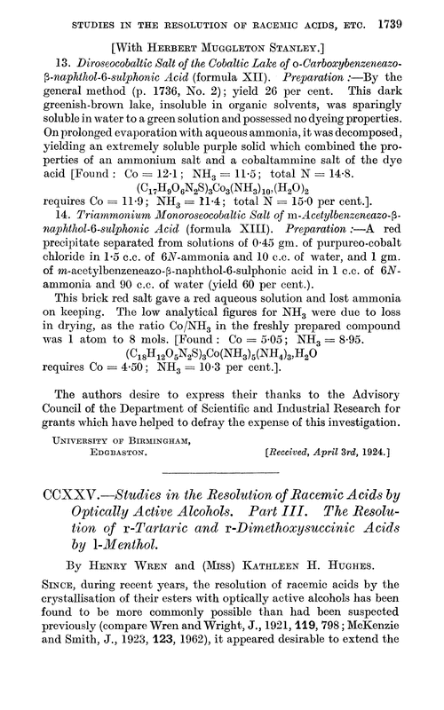 CCXXV.—Studies in the resolution of racemic acids by optically active alcohols. Part III. The resolution of r-tartaric and r-dimethoxysuccinic acids by 1-menthol