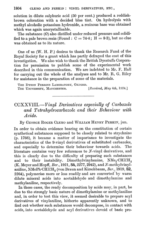 CCXXVIII.—Vinyl derivatives especially of carbazole and tetrahydrocarbazole and their behaviour with acids