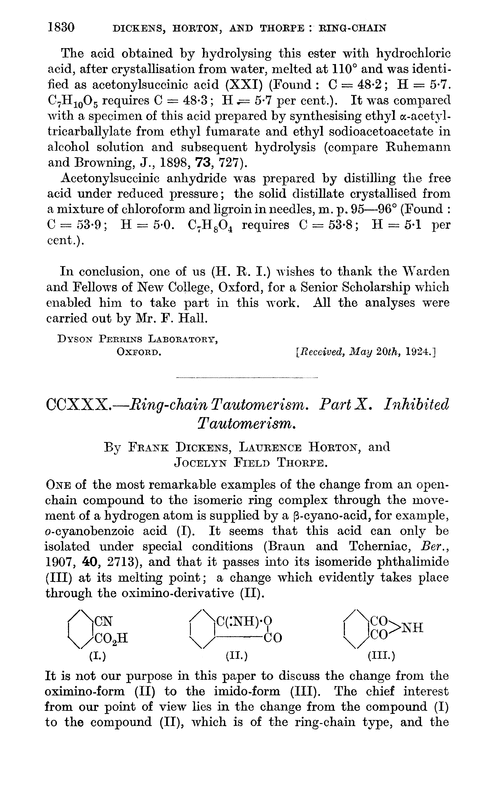 CCXXX.—Ring-chain tautomerism. Part X. Inhibited tautomerism