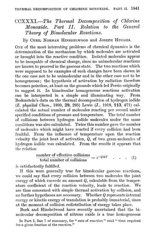 CCXXXI.—The thermal decomposition of chlorine monoxide. Part II. Relation to the general theory of bimolecular reactions