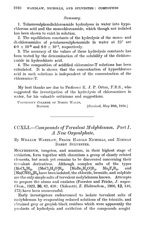CCXLI.—Compounds of tervalent molybdenum. Part I. A new oxysulphate