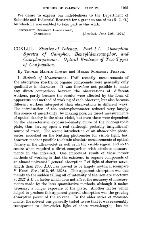 CCXLIII.—Studies of valency. Part IV. Absorption spectra of camphor, benzylidenecamphor, and camphorquinone. Optical evidence of two types of conjugation