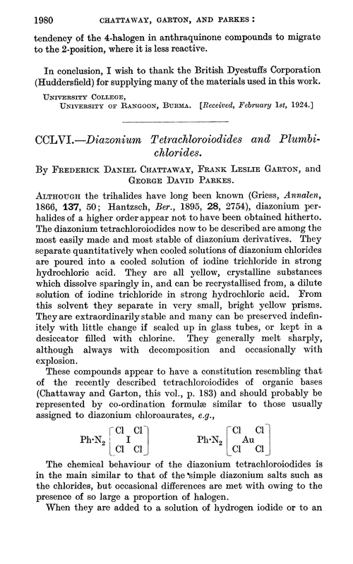 CCLVI.—Diazonium tetrachloroiodides and plumbichlorides