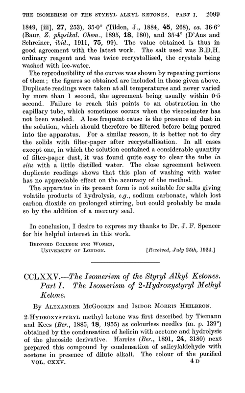 CCLXXV.—The isomerism of the styryl alkyl ketones. Part I. The isomerism of 2-hydroxystyryl methyl ketone