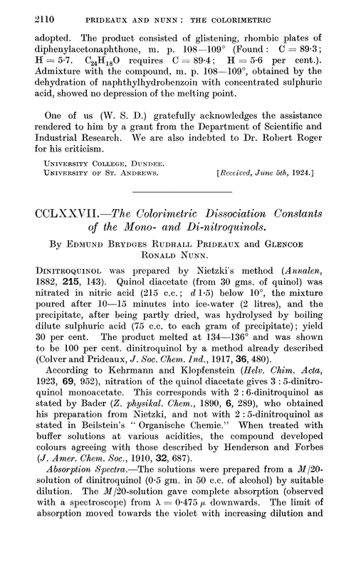 CCLXXVII.—The colorimetric dissociation constants of the mono- and di-nitroquinols