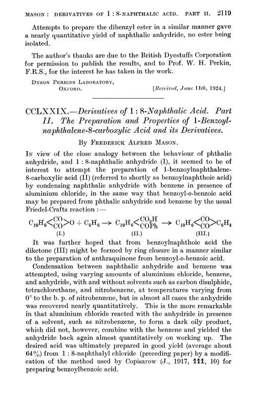 CCLXXIX.—Derivatives of 1 : 8-naphthalic acid. Part II. The preparation and properties of 1-benzoylnaphthalene-8-carboxylic acid and its derivatives