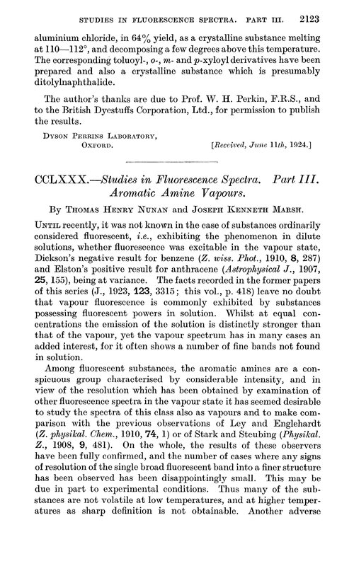 CCLXXX.—Studies in fluorescence spectra. Part III. Aromatic amine vapours