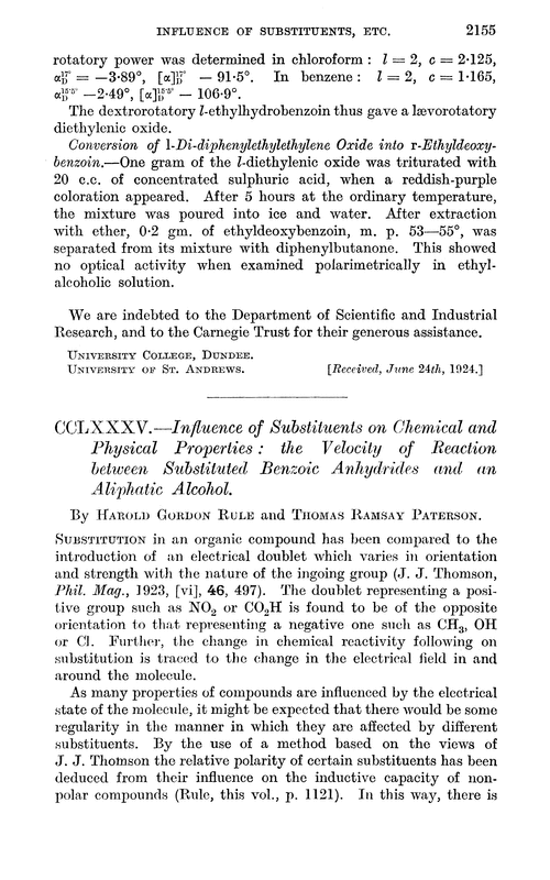 CCLXXXV.—Influence of substituents on chemical and physical properties: the velocity of reaction between substituted benzoic anhydrides and an aliphatic alcohol