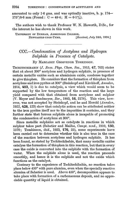 CCC.—Condensation of acetylene and hydrogen sulphide in presence of catalysts