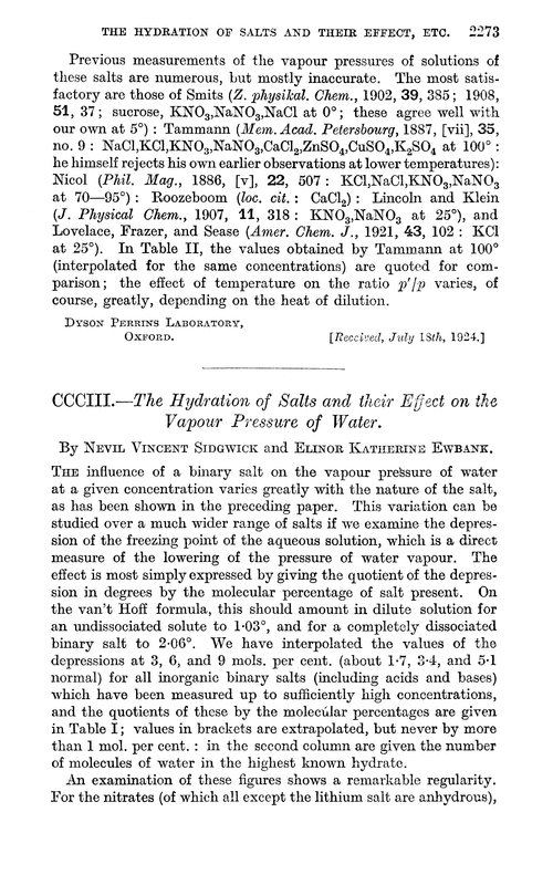 CCCIII.—The hydration of salts and their effect on the vapour pressure of water
