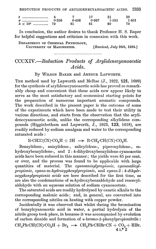 CCCXIV.—Reduction products of arylidenecyanoacetic acids