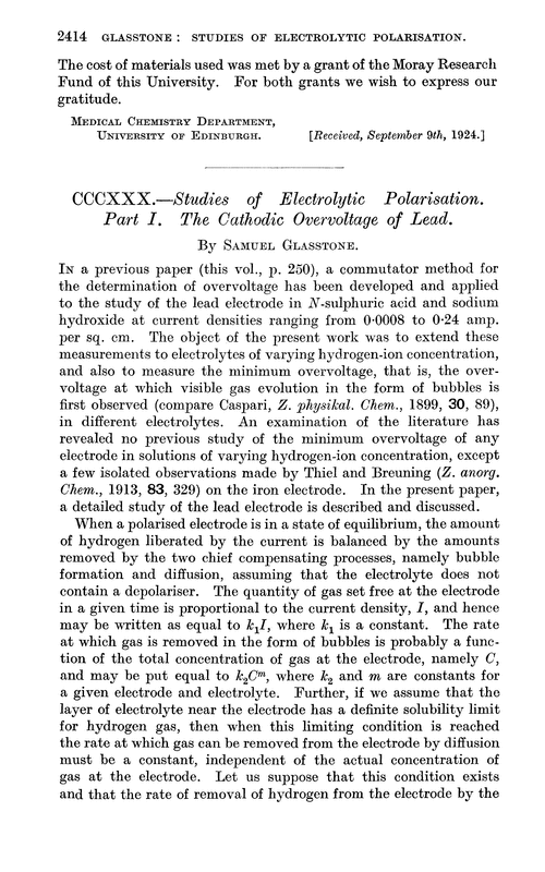 CCCXXX.—Studies of electrolytic polarisation. Part I. The cathodic overvoltage of lead