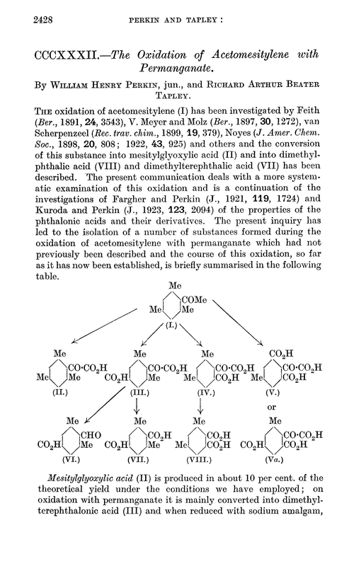 CCCXXXII.—The oxidation of acetomesitylene with permanganate