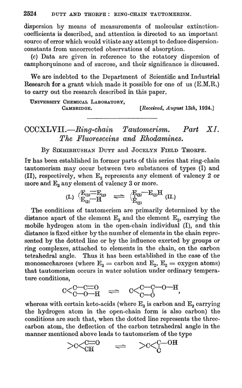 CCCXLVII.—Ring-chain tautomerism. Part XI. The fluoresceins and rhodamines