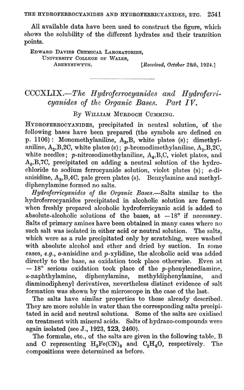 CCCXLIX.—The hydroferrocyanides and hydroferricyanides of the organic bases. Part IV