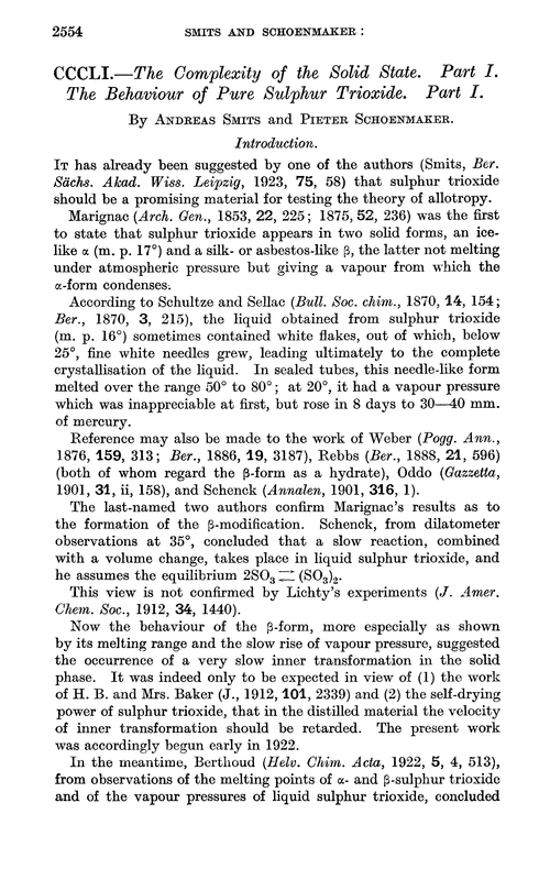 CCCLI.—The complexity of the solid state. Part I. The behaviour of pure sulphur trioxide. Part I