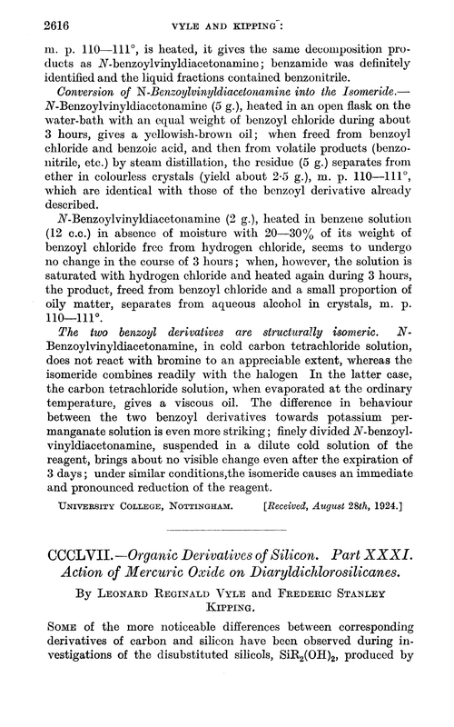 CCCLVII.—Organic derivatives of silicon. Part XXXI. Action of mercuric oxide on diaryldichlorosilicanes