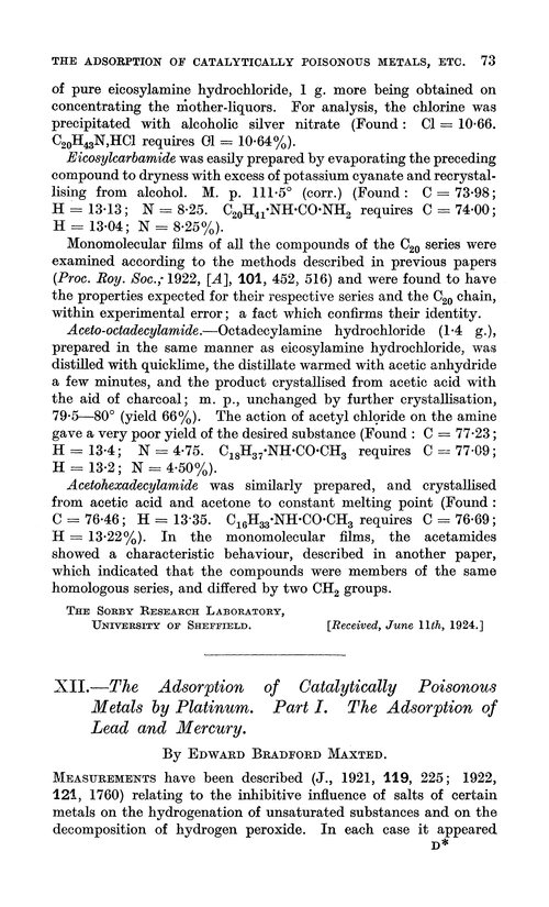 XII.—The adsorption of catalytically poisonous metals by platinum. Part I. The adsorption of lead and mercury