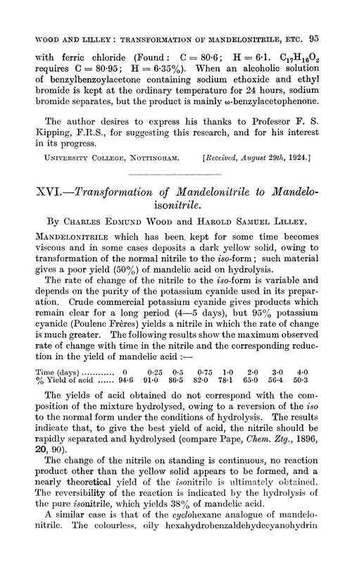XVI.—Transformation of mandelonitrile to mandeloisonitrile