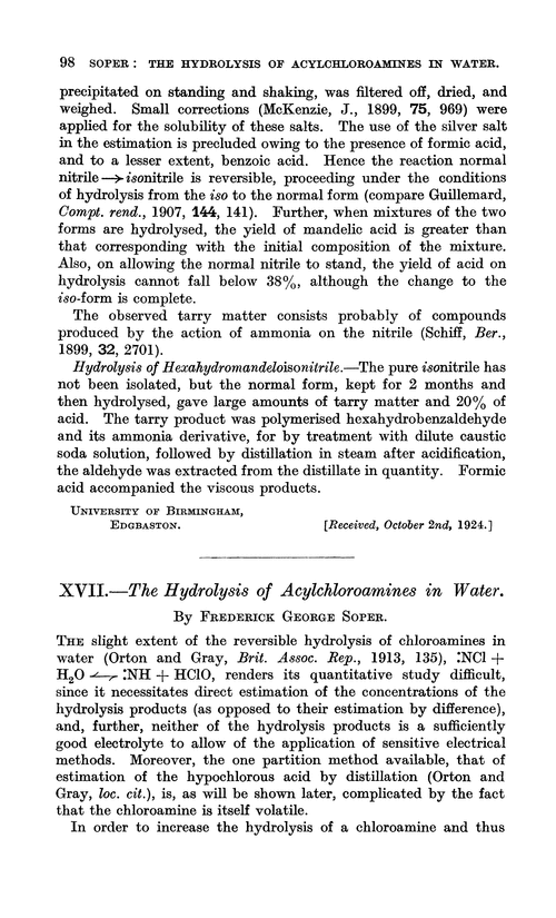 XVII.—The hydrolysis of acylchloroamines in water