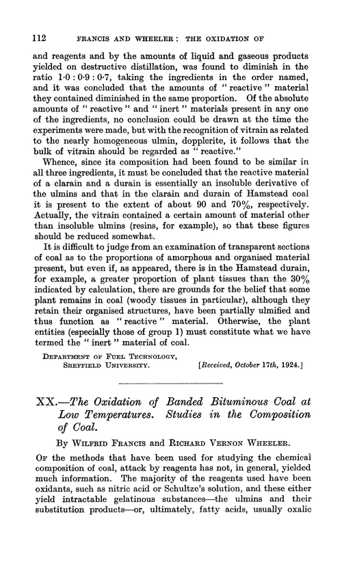 XX.—The oxidation of banded bituminous coal at low temperatures. Studies in the composition of coal