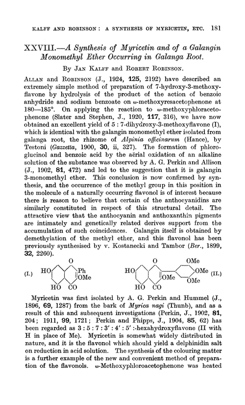 XXVIII.—A synthesis of myricetin and of a galangin monomethyl ether occurring in galanga root