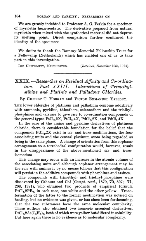 XXIX.—Researches on residual affinity and co-ordination. Part XXIII. Interactions of trimethylstibine and platinic and palladous chlorides