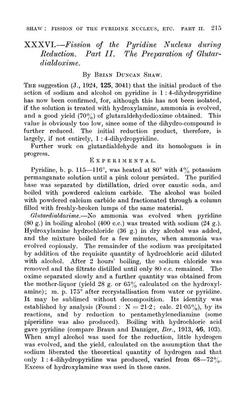 XXXVI.—Fission of the pyridine nucleus during reduction. Part II. The preparation of glutardialdoxime