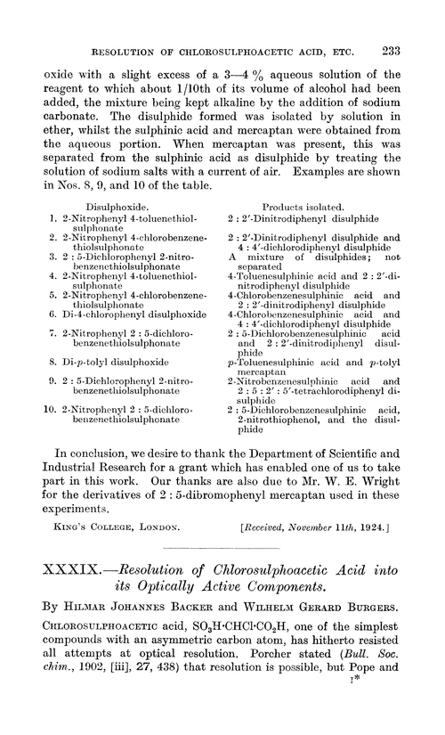 XXXIX.—Resolution of chlorosulphoacetic acid into its optically active components