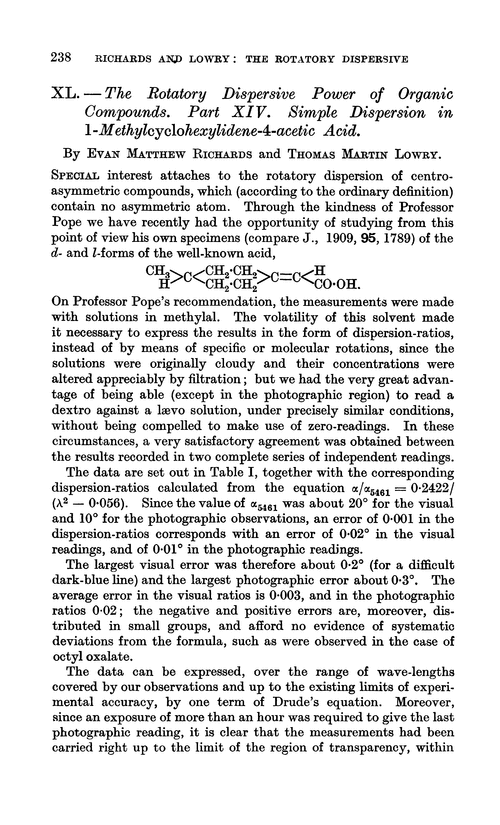 XL.—The rotatory dispersive power of organic compounds. Part XIV. Simple dispersion in 1-methylcyclohexylidene-4-acetic acid