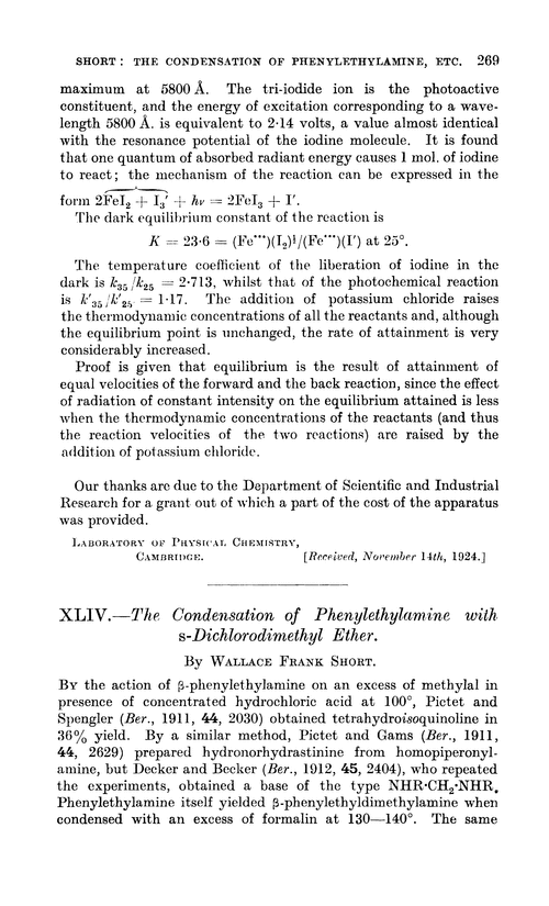 XLIV.—The condensation of phenylethylamine with s-dichlorodimethyl ether