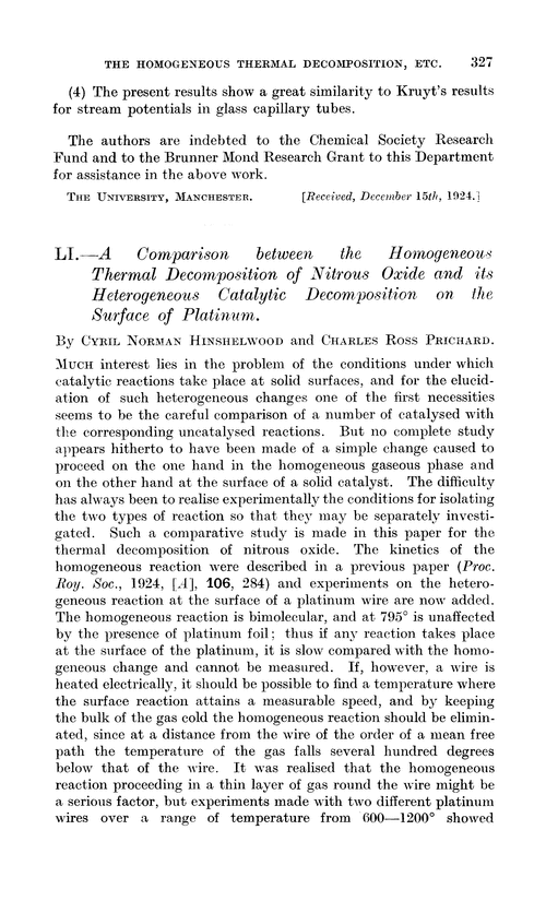 LI.—A comparison between the homogeneous thermal decomposition of nitrous oxide and its heterogeneous catalytic decomposition on the surface of platinum