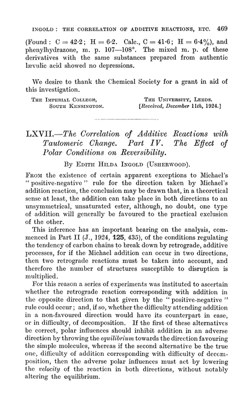 LXVII.—The correlation of additive reactions with tautomeric change. Part IV. The effect of polar conditions on reversibility