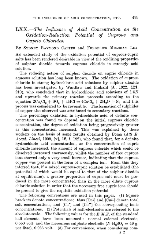 LXX.—The influence of acid concentration on the oxidation-reduction potential of cuprous and cupric chlorides