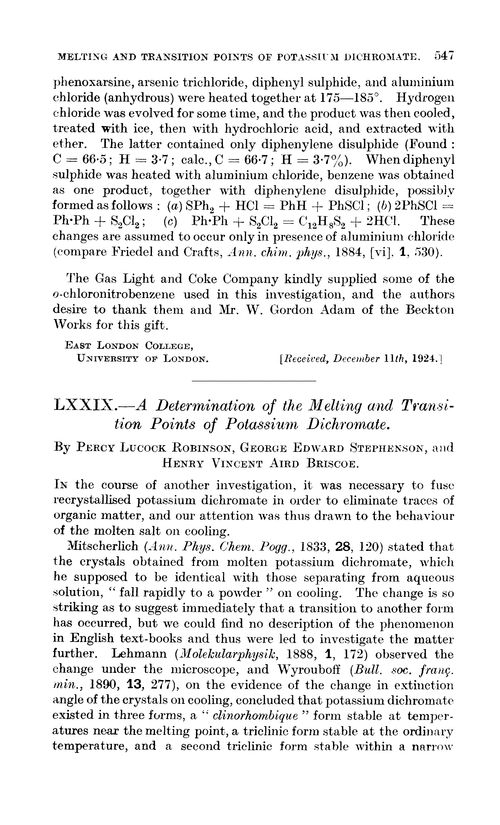 LXXIX.—A determination of the melting and transition points of potassium dichromate