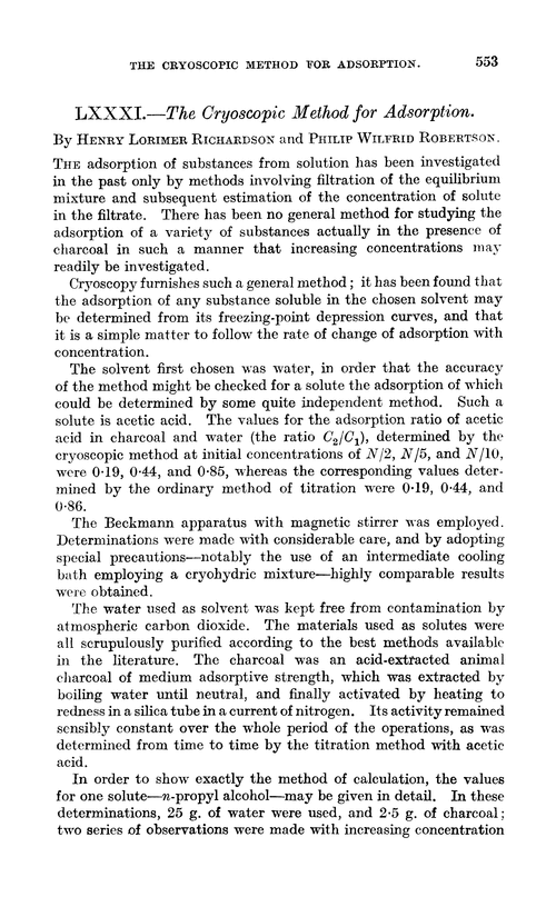 LXXXI.—The cryoscopic method for adsorption