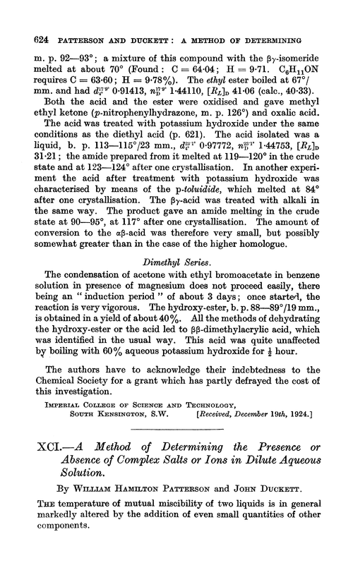 XCI.—A method of determining the presence or absence of complex salts or ions in dilute aqueous solution