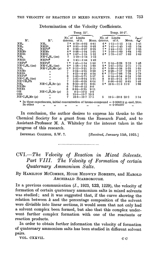 CVI.—The velocity of reaction in mixed solvents. Part VIII. The velocity of formation of certain quaternary ammonium salts
