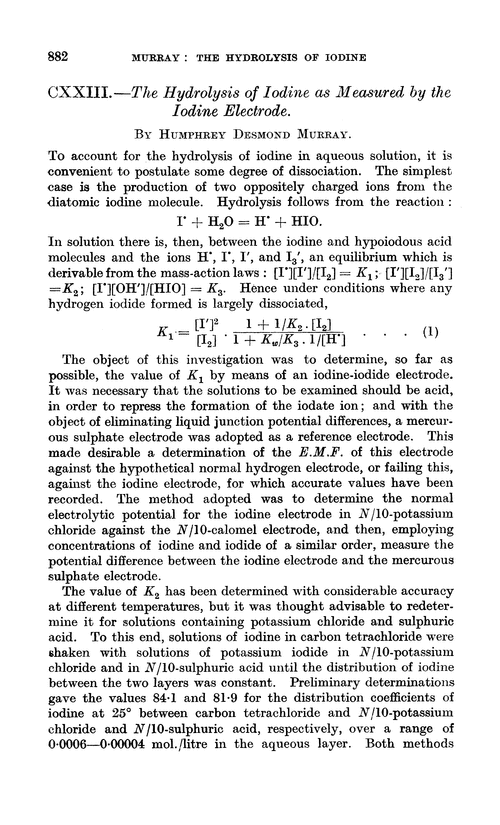 CXXIII.—The hydrolysis of iodine as measured by the iodine electrode