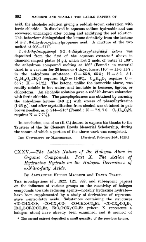 CXXV.—The labile nature of the halogen atom in organic compounds. Part X. The action of hydrazine hydrate on the halogen derivatives of α-nitro-fatty acids