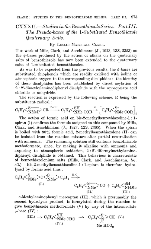 CXXXII.—Studies in the benzothiazole series. Part III. The pseudo-bases of the 1-substituted benzothiazole quaternary salts