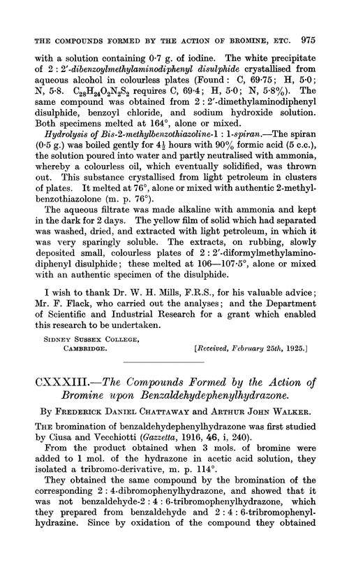 CXXXIII.—The compounds formed by the action of bromine upon benzaldehydephenylhydrazone