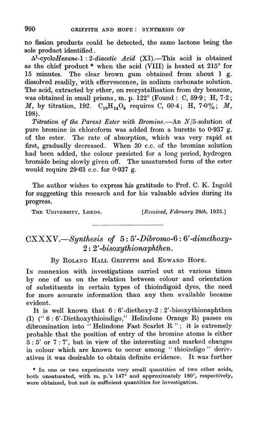 CXXXV.—Synthesis of 5 : 5′-dibromo-6 : 6′-dimethoxy-2 : 2′-bisoxythionaphthen