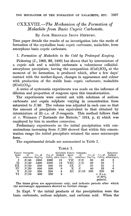 CXXXVIII.—The mechanism of the formation of malachite from basic cupric carbonate