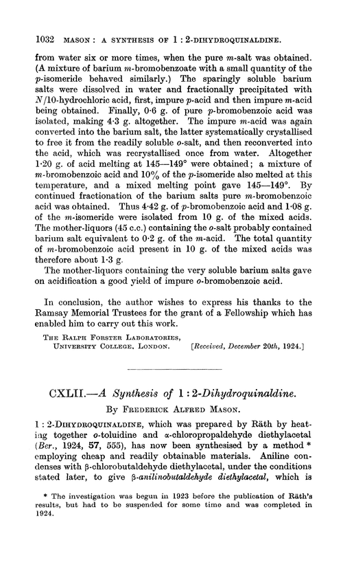CXLII.—A synthesis of 1 : 2-dihydroquinaldine