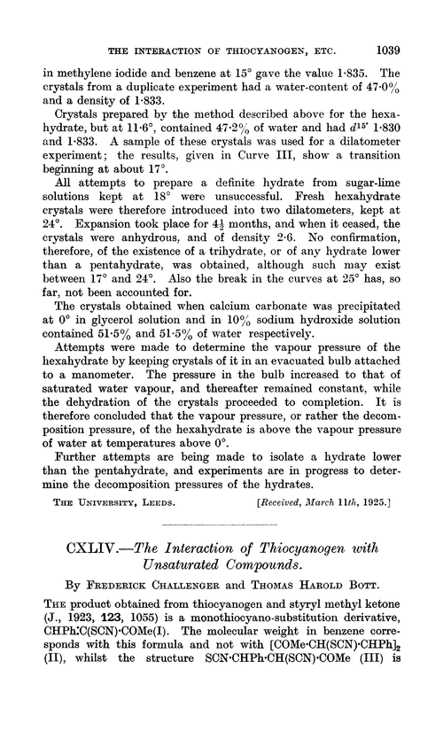 CXLIV.—The interaction of thiocyanogen with unsaturated compounds