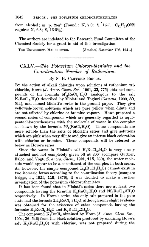 CXLV.—The potassium chlororutheniates and the co-ordination number of ruthenium